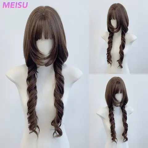 MEISU 28 Inch Straight Bangs Wig Brown Synthetic Fiber Layered Hair Heat-Resistant Natural Smooth Extend Hair Selfie Party