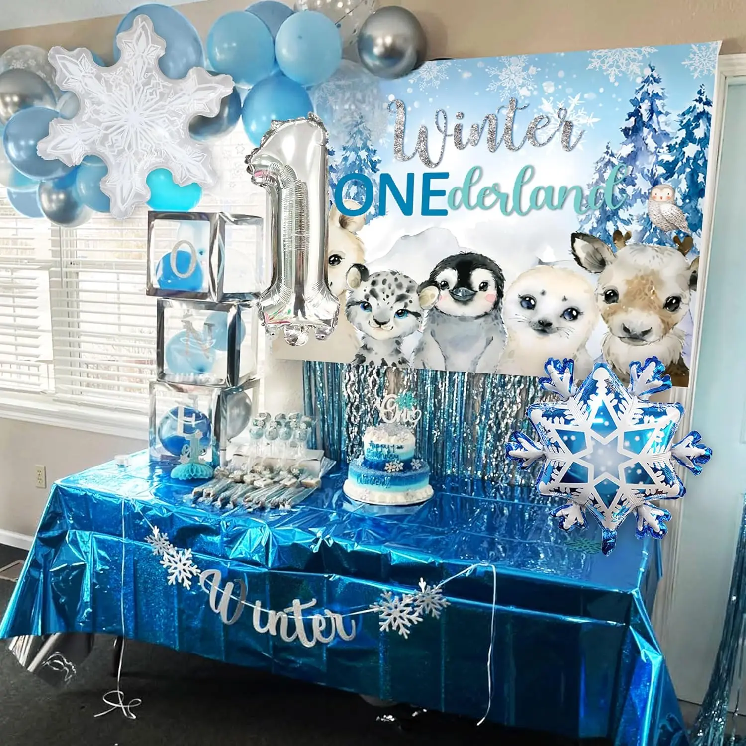 Laventy Winter Onederland 1st Birthday Decoration Snowflake First Birthday Party Backdrop Penguins Number Foil 1 Balloons