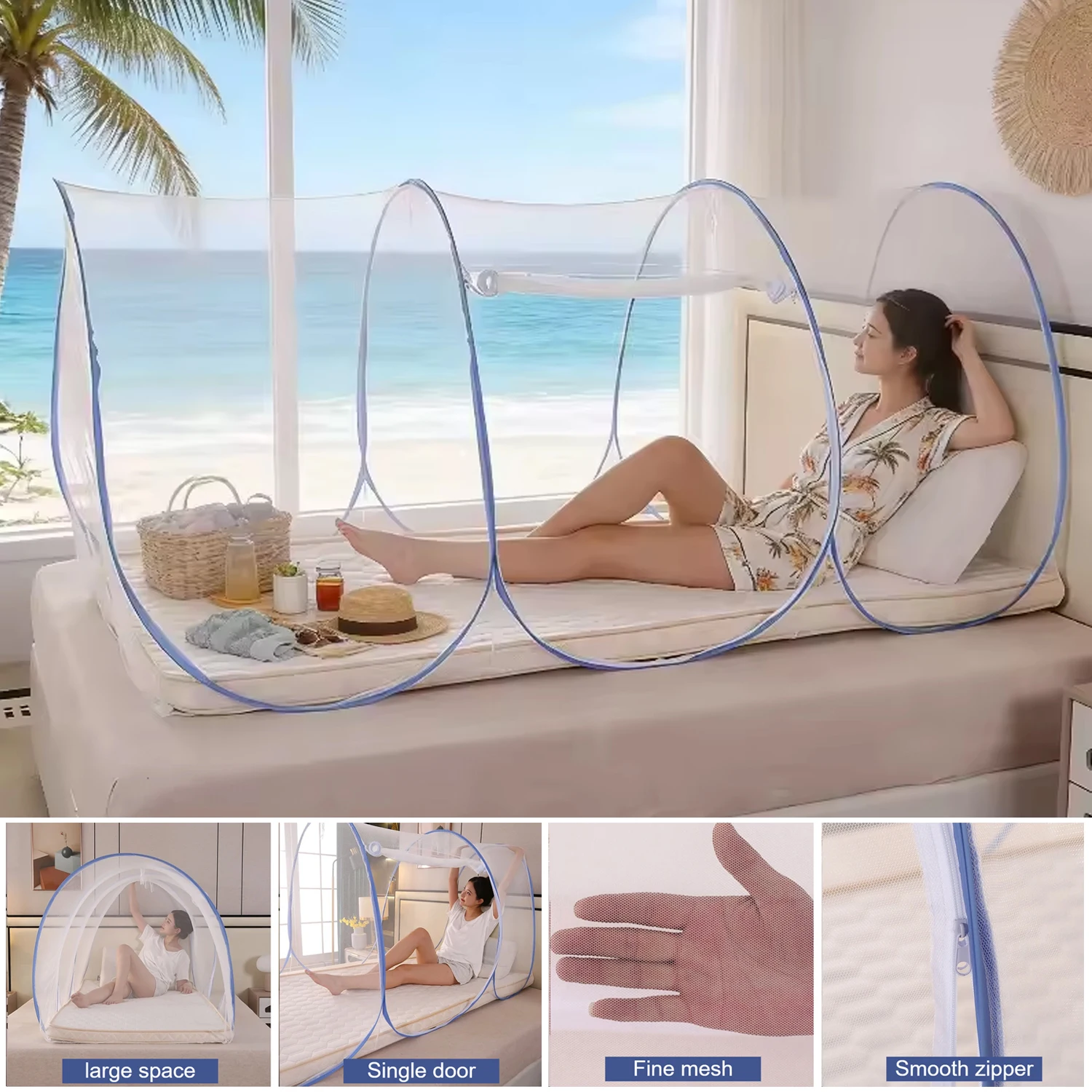 360° Mosquito Net Protection Breathable Mesh for Single Bed, Foldable Pop Up Mosquito Net Easy To Install Portable Travel Canopy