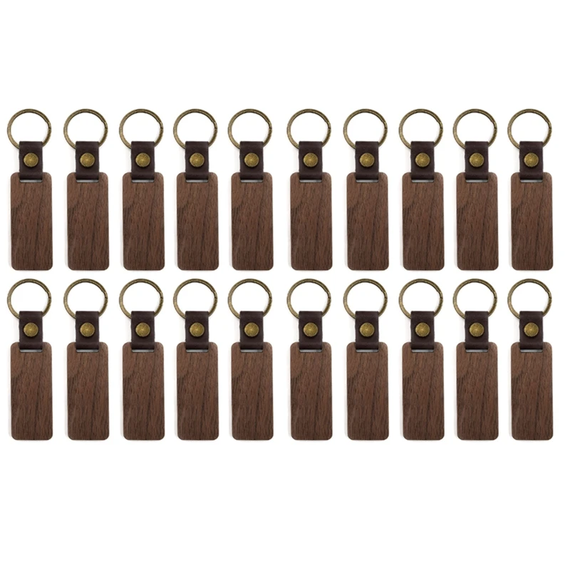 

20Packs Wooden Keychain Rectangle Blanks Leather Keychain Blank Wood Walnut With Keyring For DIY Engraving Gift Durable