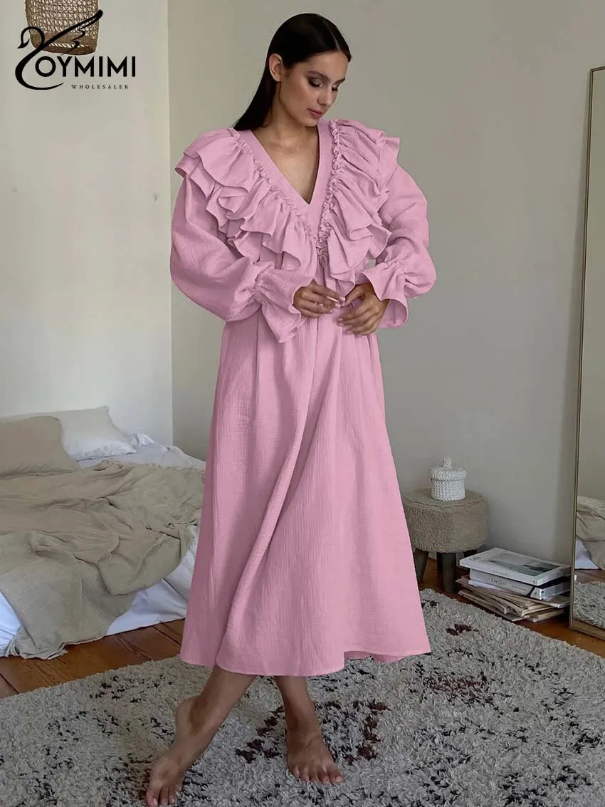 

Oymimi повседневные розовые хлопковые платья для женщин, модные платья с v-образным вырезом и длинными рукавами, осеннее свободное платье до середины икры, уличная одежда