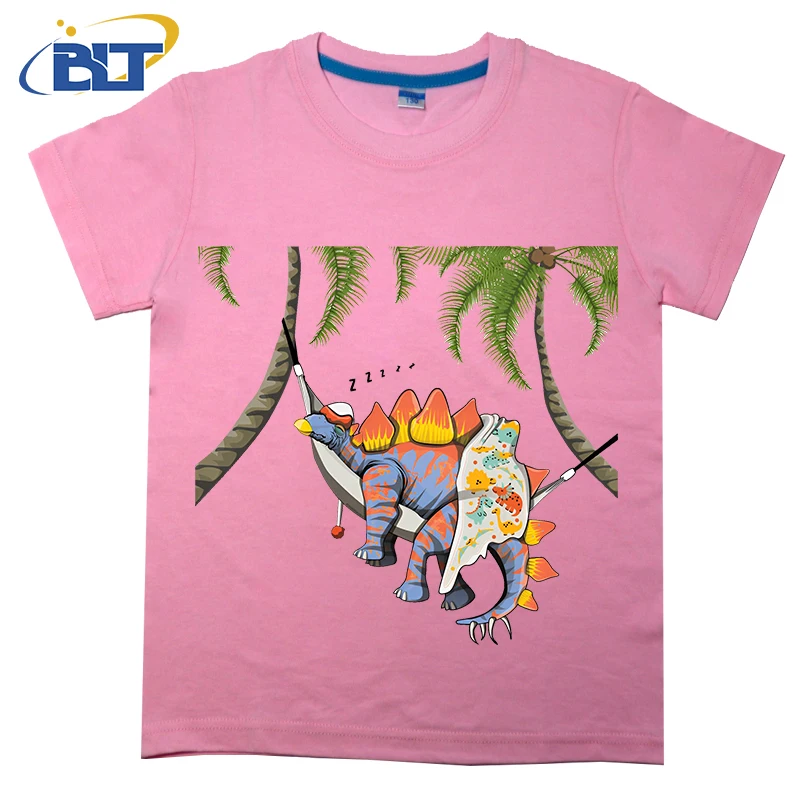 Bonito dinossauro dormindo impresso t-shirt para crianças, algodão, manga curta, tops casuais, adequados para meninos e meninas, estegossauro, verão