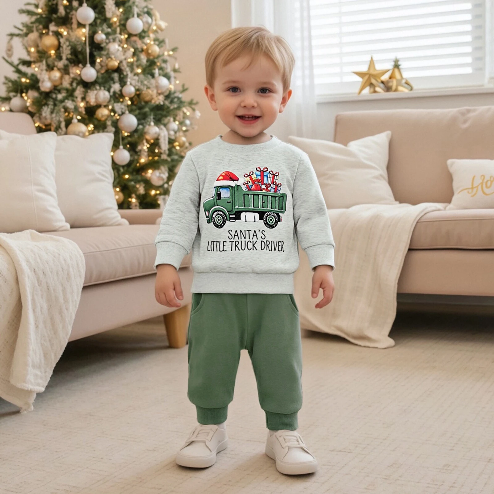 Toddler Baby Boy Christmas Outfit Truck Present Box Print Crew Neck Sweatshirt Joggers Pants Set Cute Boys Clothing