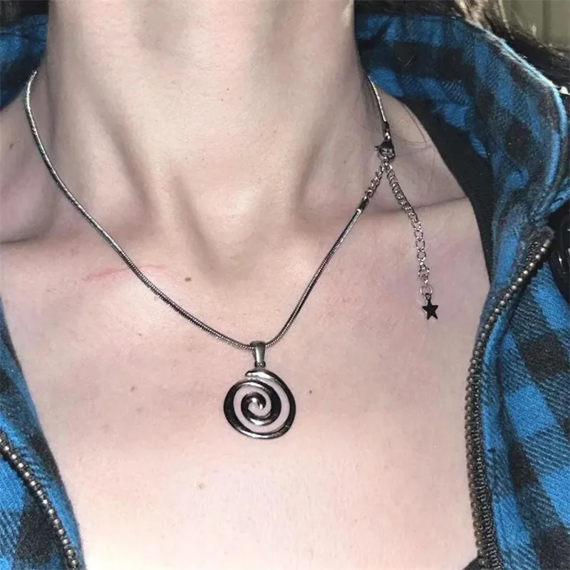 handmade y2k silvery plated snake cord necklace with spiral vortex stainless steel pendant
