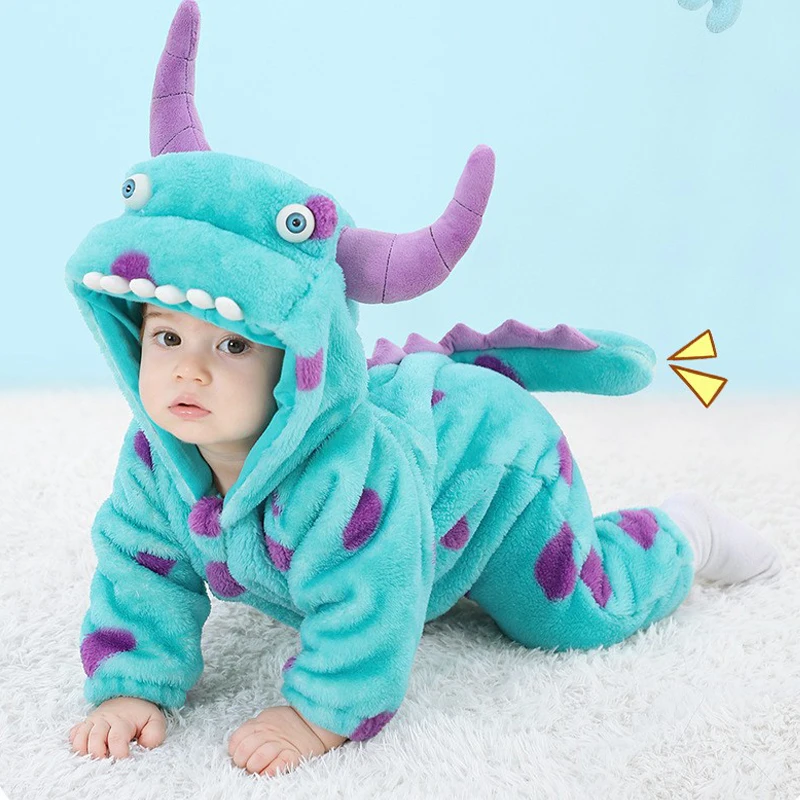 

Autumn new baby cute little monster costume Halloween monster calf cos blue flannel single-layer jumpsuit climbing suit