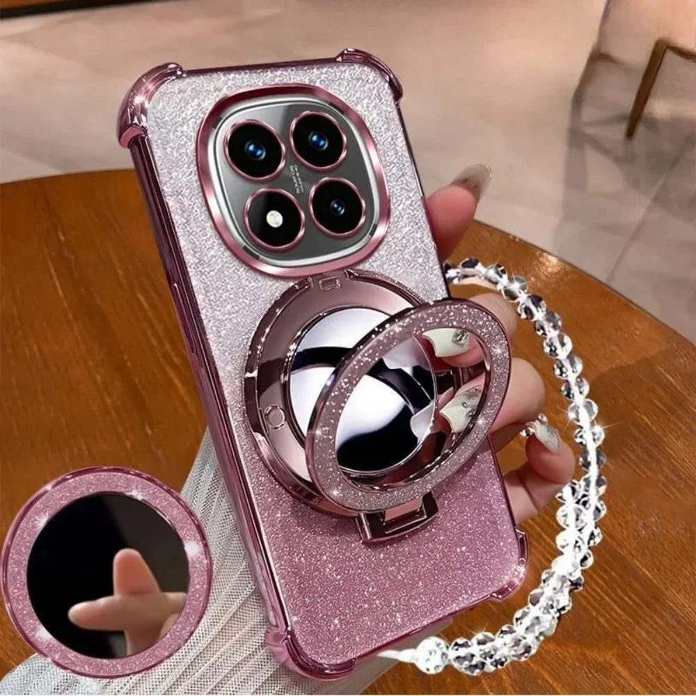 حافظة هاتف لهاتف Xiaomi Poco X7 X6 F7 Pro M6 F6 F3 F4 X5 X3 C65 C75 مرآة مع سلسلة كريستال ممتصة للصدمات Ahell