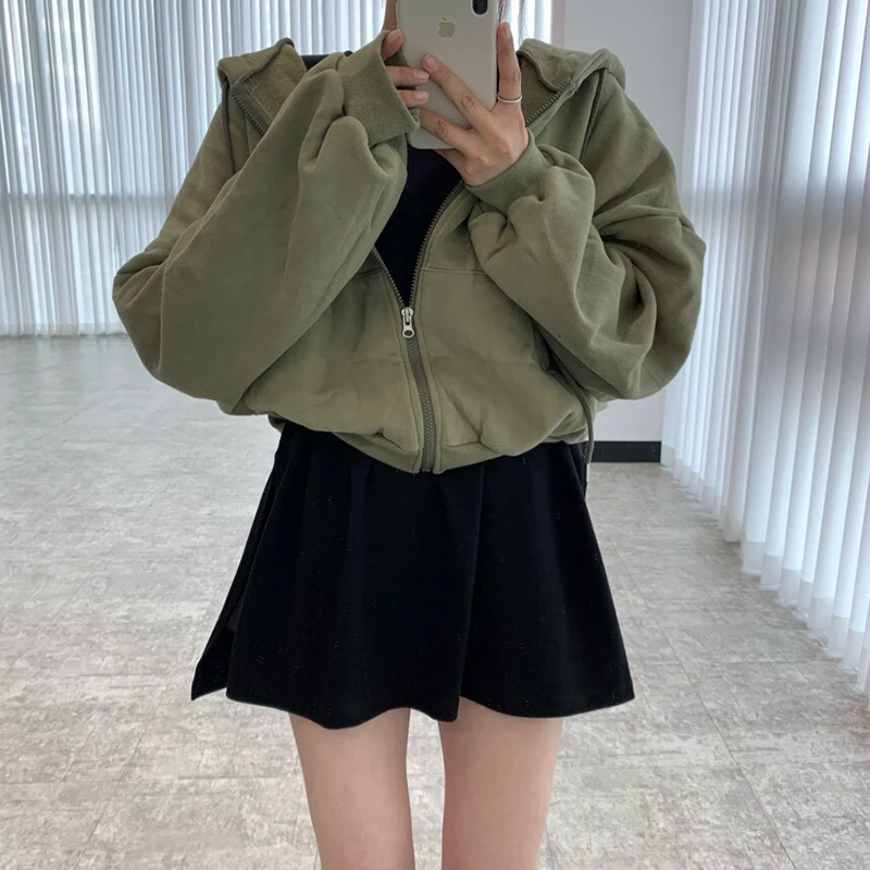 Streetwear Cropped Hoodies Women Solid Oversized Zipper Short Sweatshirt Harajuku Korean Simple Casual All Match Hooded Jacket