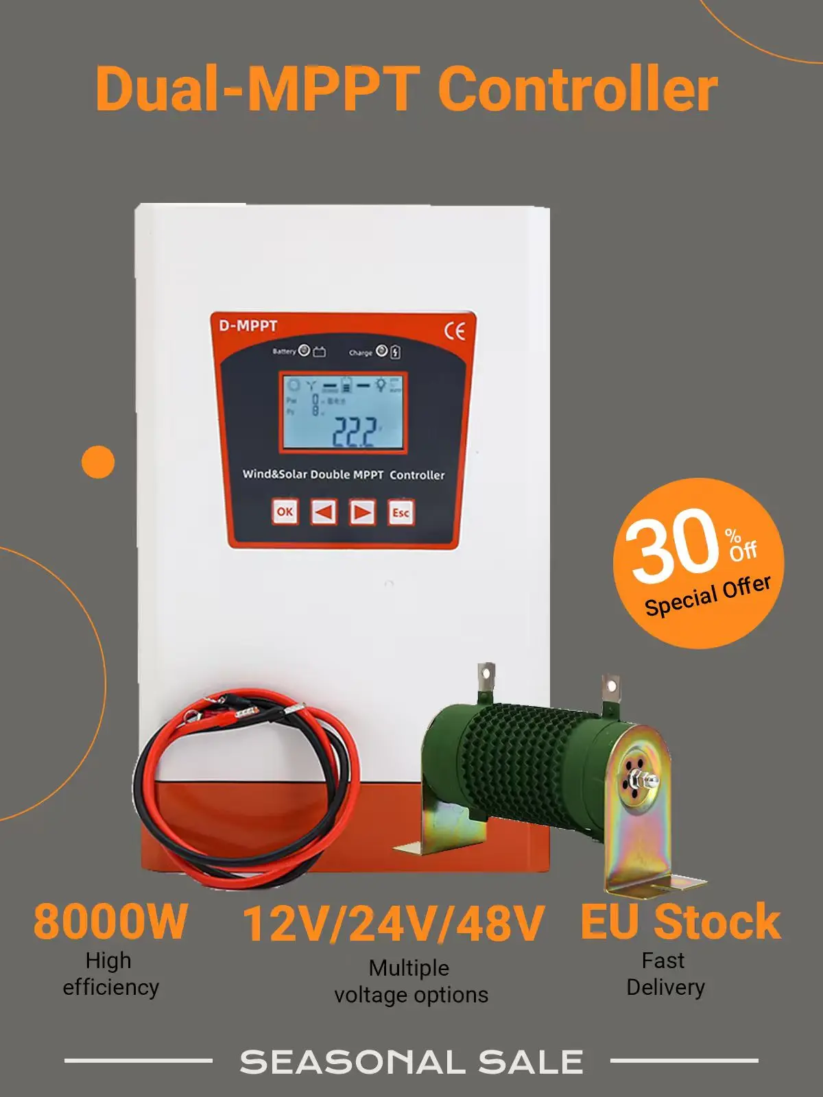 EKPAOWE Wind-Solar Dual MPPT Hybrid-Controller 12/24V 24/48V Netzunabhängige Stromerzeugung Windenergie 6000W Solarenergie 2000W Einfache Bedienung Display Polnisches Lager Schnelle Lieferung