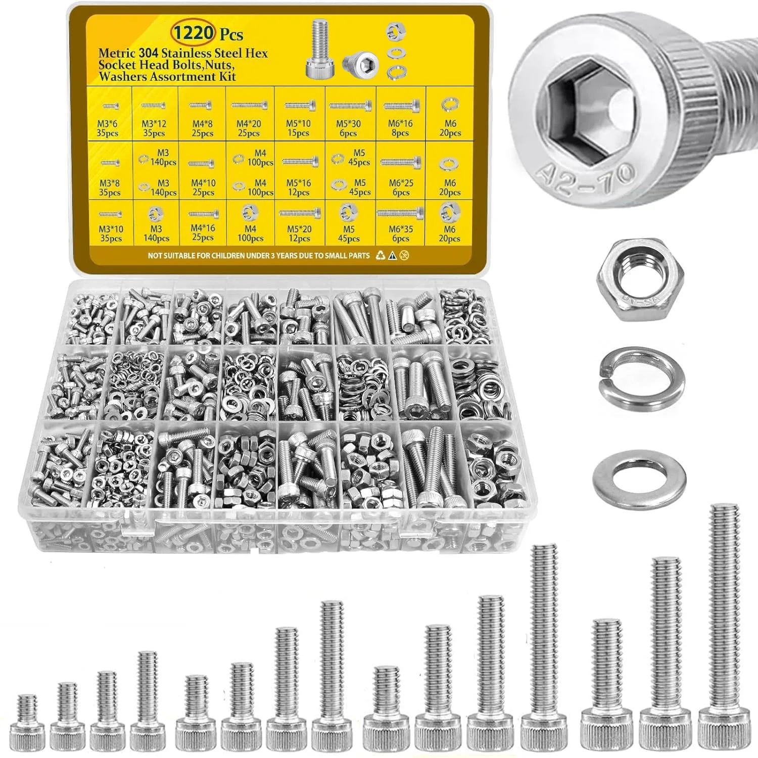 

1220PCS M3 M4 M5 M6 Metric Screws Assortment Kit Hex Socket Head Cap Bolts Nuts and Washers 304 Stainless Steel Hardware Set