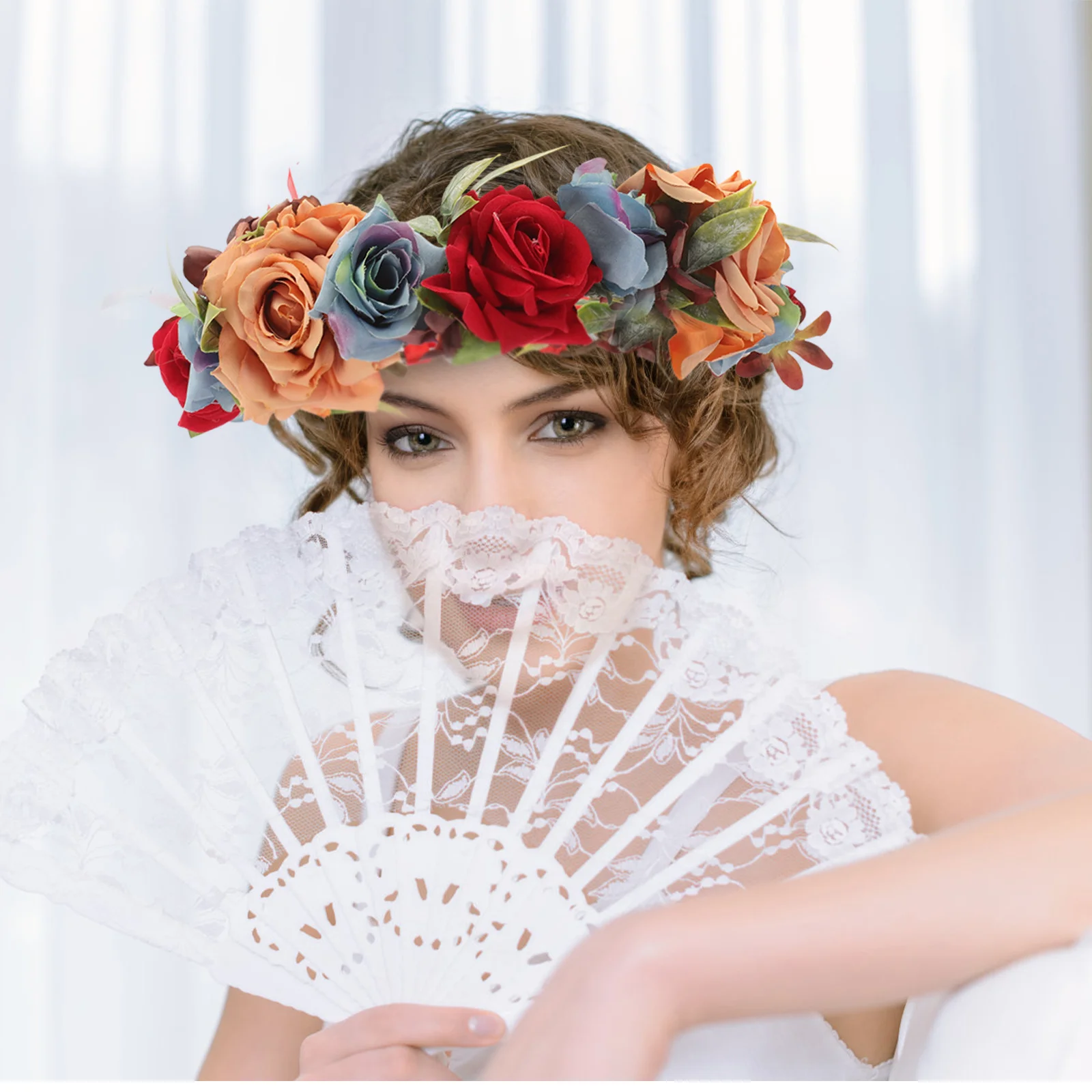 

Faux Rose Flower Crown For Women Rainbow Floral Headpiece Wedding Bride Hair Accessory Vintage Party Decoration Simulation