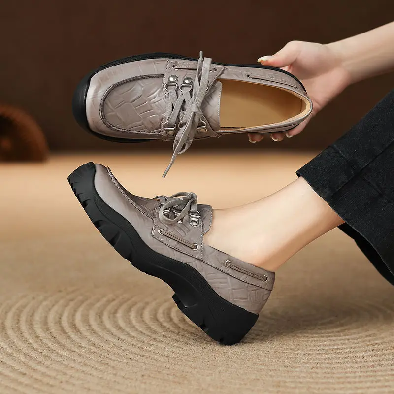 2026 new spring autumn women pumps natural leather 22-25cm Embossed cowhide+pigskin round toe lace-up women shoes loafers