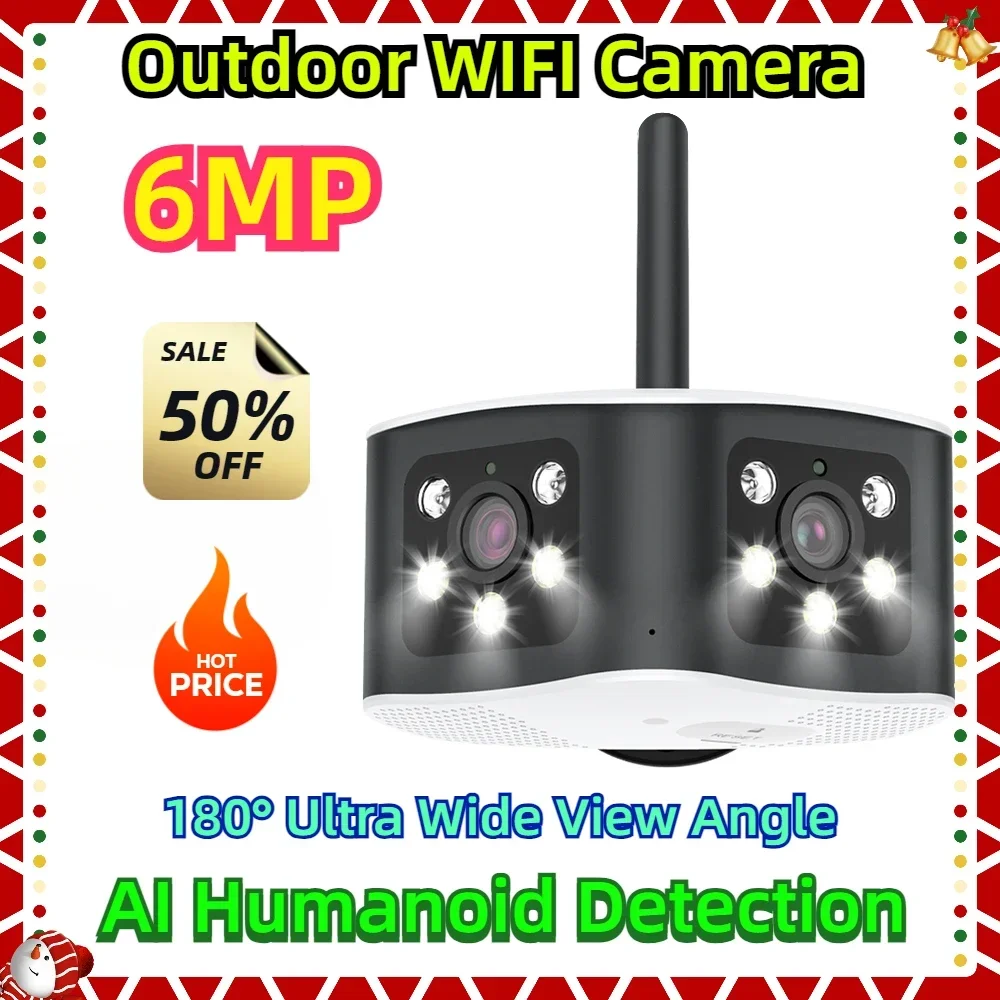 

Outdoor WIFI Camera 6MP 180° Ultra Wide View Angle Panoramic Dual Lens IP Camera AI Humanoid Detection Security Camera