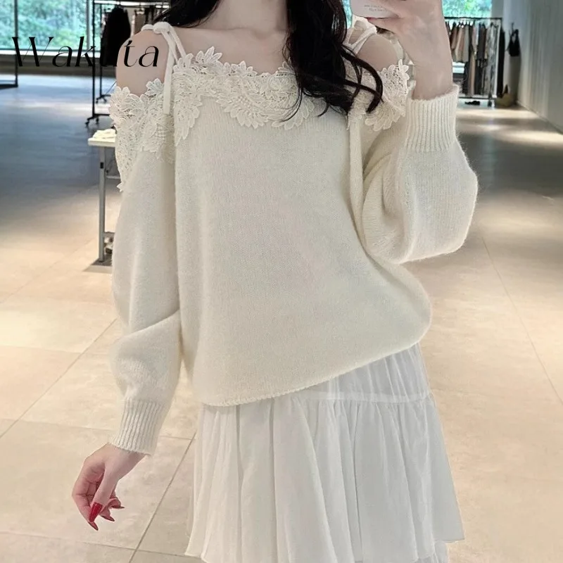 WAKUTA Japanese Fall/Winter One-line Collar Leak Shoulder Splicing Knit Jumper Fashion Simple Embroidered Lace Versatile Sweater