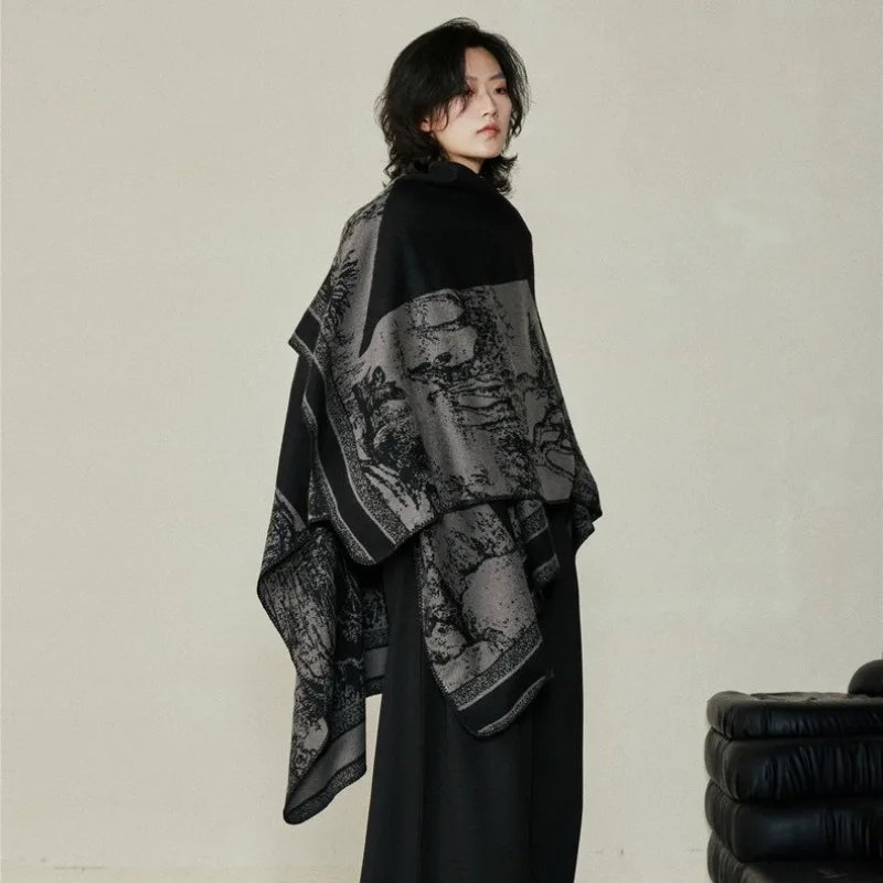 Split Style Shawl Top Imitation Cashmere Cloak Thickened Warm Cloak Autumn and Winter Retro Ethnic Jacket for Men Women