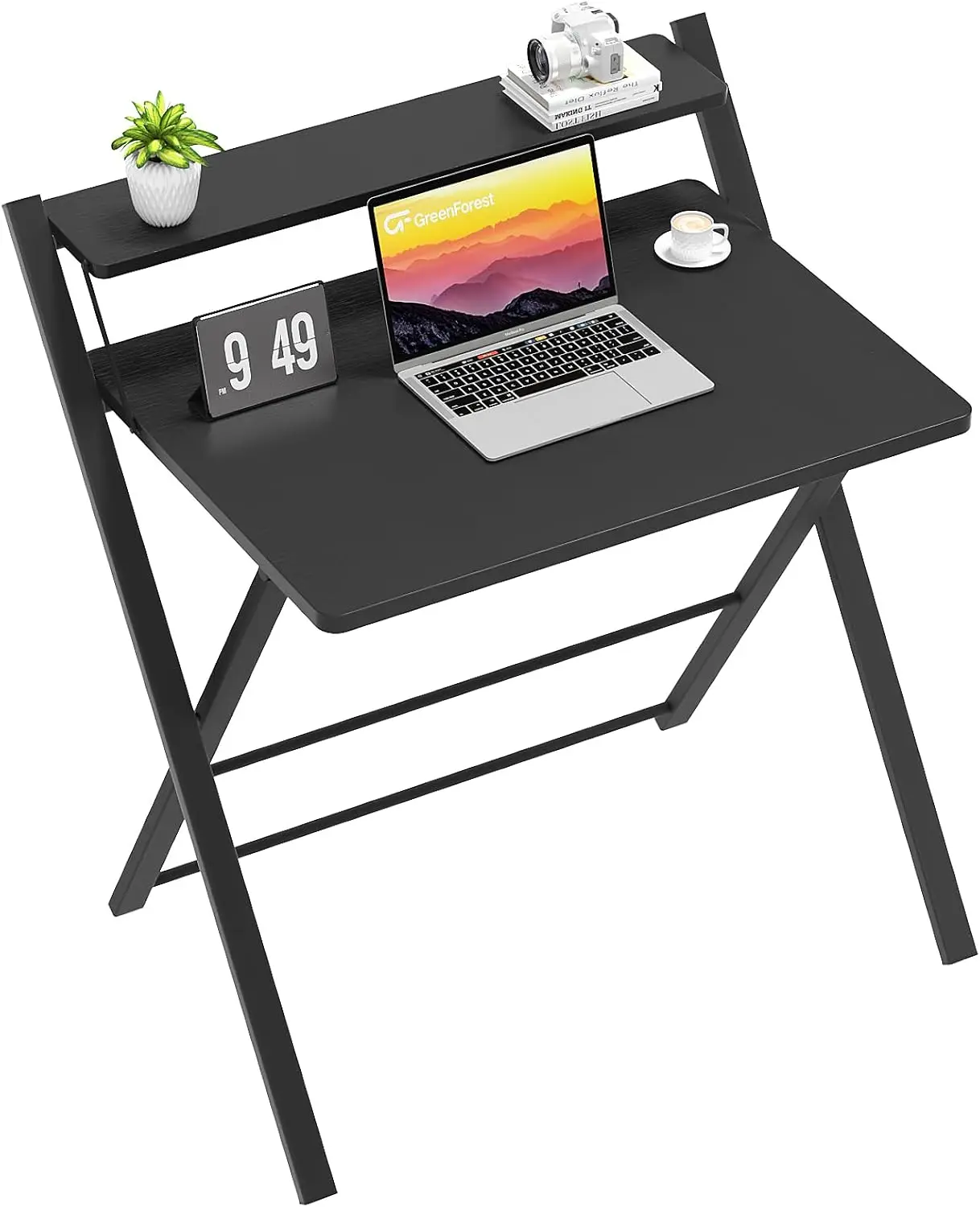 

Folding Desk No Assembly Required Large Size, 2-Tier Foldable Computer Desk with Shelf for Home Office, Space Saving Portable