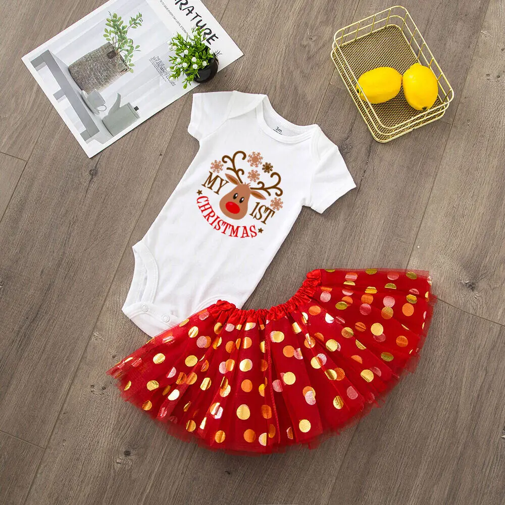 My 1st Christmas Baby Bodysuit Dresses Set Infant Girls Short Sleeve Jumpsuit Tutu Skirts Clothes Toddler Girl Xmas Party Outfit