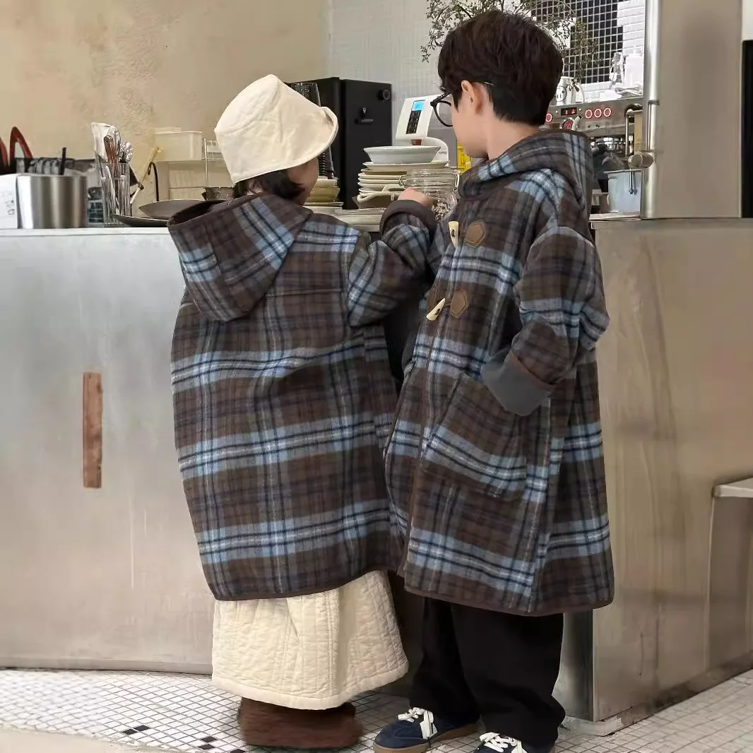 Winter Children Girl Woolen Jackets Cotton Horn Button Plaid Baby Girl Mid-length Overcoat Loose Thick Warm Kid Girl Hooded Coat