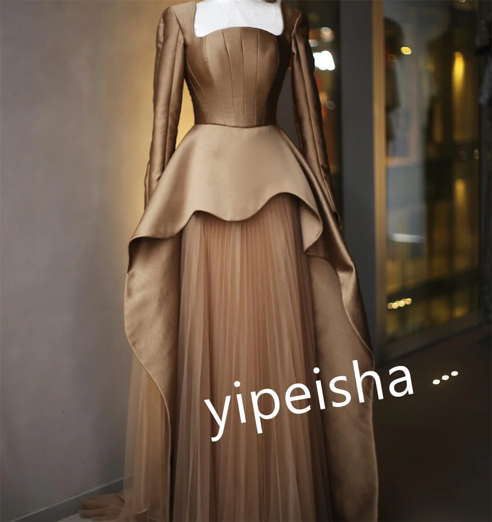 Customized Satin Pleat Engagement A-line Square Neck Bespoke Occasion Gown Long Dresses