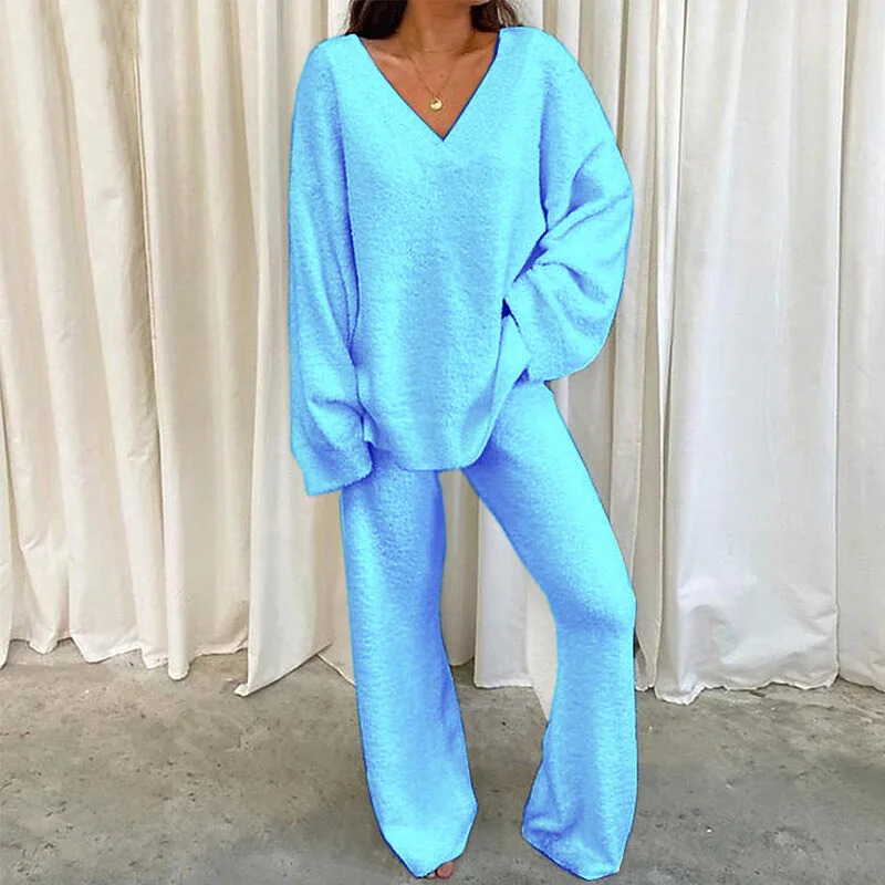 Women Winter Comfort Solid Pajamas Set V-Neck Casual Daily Home Warm Top+Long Pants Two Piece Set Warm Sleepwear Pijama S-3XL