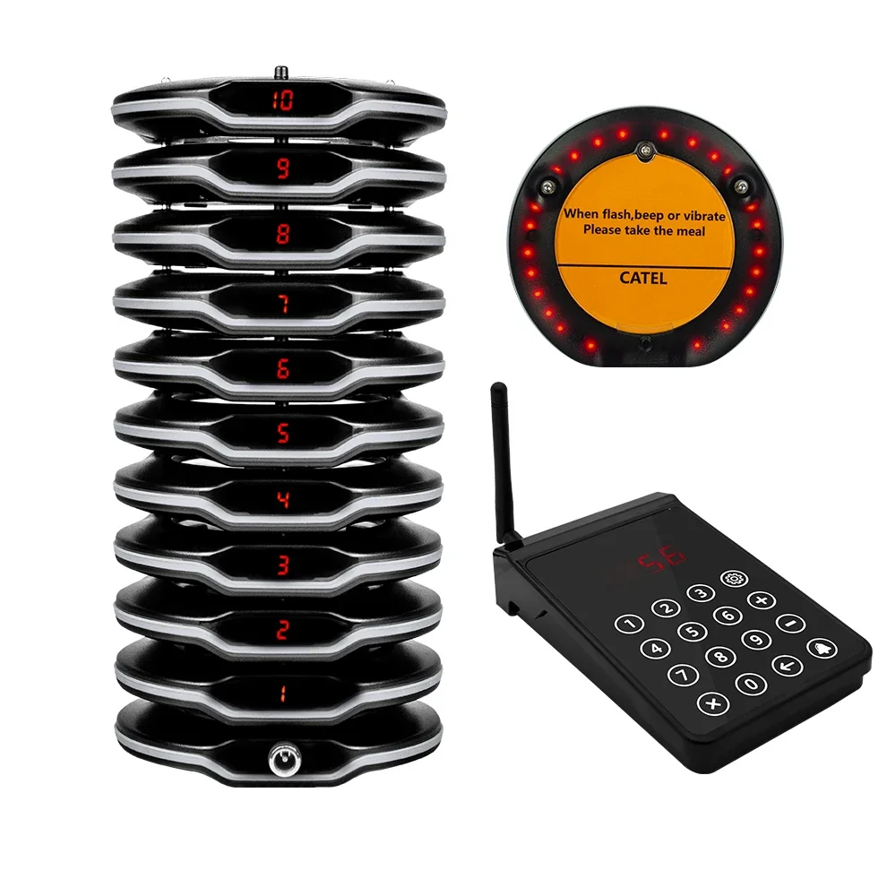 CTP206 Wireless Restaurant Waterproof Pager System 1 Keyboard 10 Pagers For Fast Food, Paging System Calling Service Buzzer