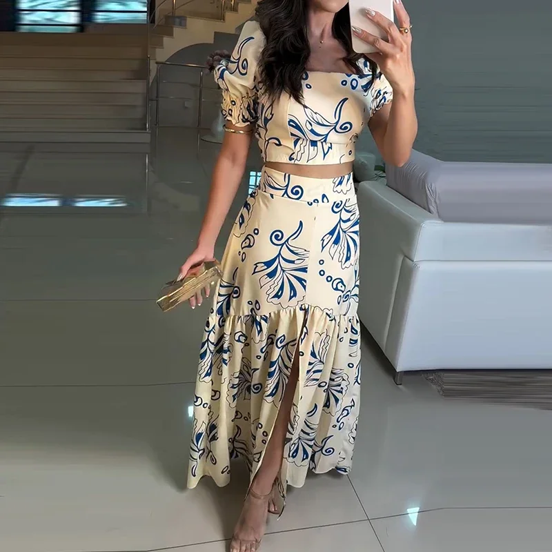 

Temperament Floral Print Two Piece Vacation Outfit Women's Set Elegant Square Collar Short Sleeve Blouse&A-line Skirts Suit