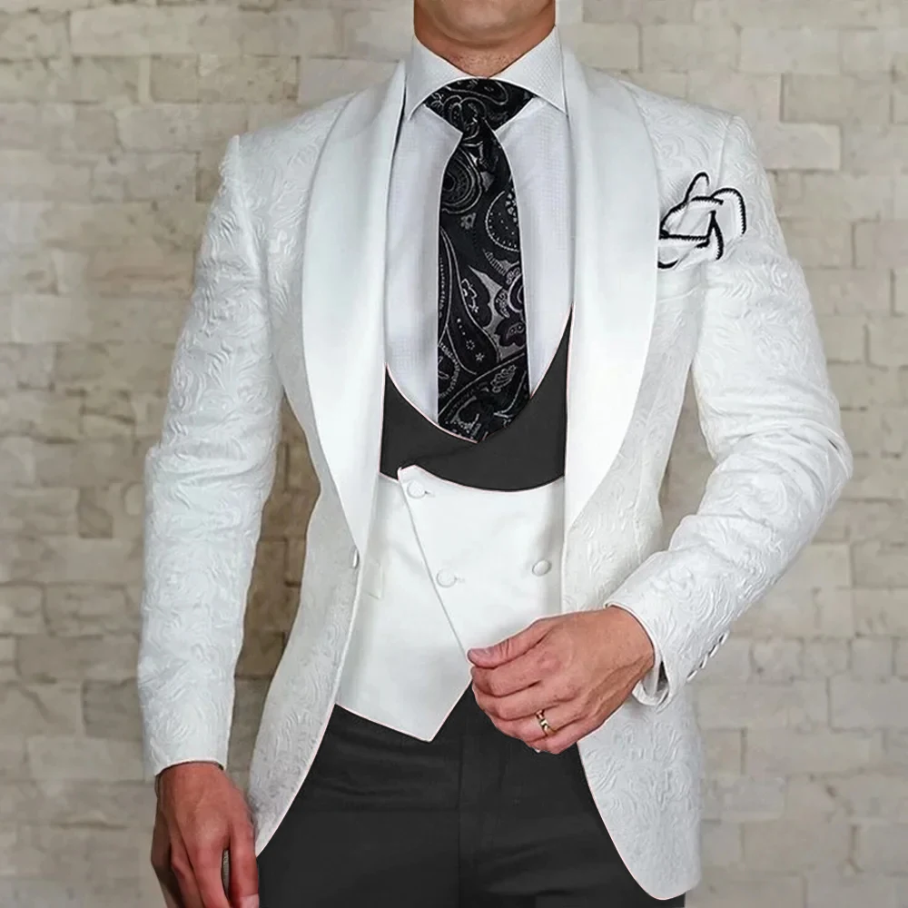 White Jacquard Suits For Men Peak Lapel Business Blazer Wedding Groom Tuxedo Gentleman 3 Piece Jacket Vest Pants Costume Homme