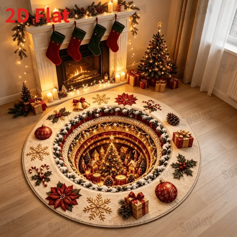 Round Area Rug Cream Christmas Village Tunnel Poinsettia Gold Snowflake 2D Flat Print for Living Room