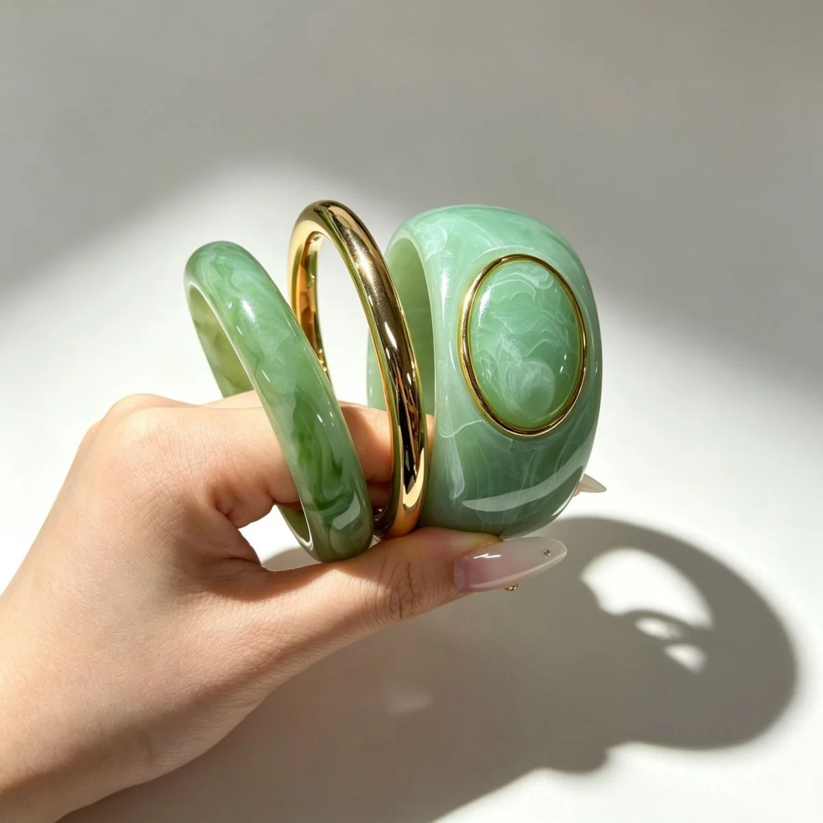 KMVEXO 3Pcs/Set Vintage Smudging Resin Bangles Women Men Inlaid Oval Block Acrylic Chunky Bracelets Stackable Metal Jewelry