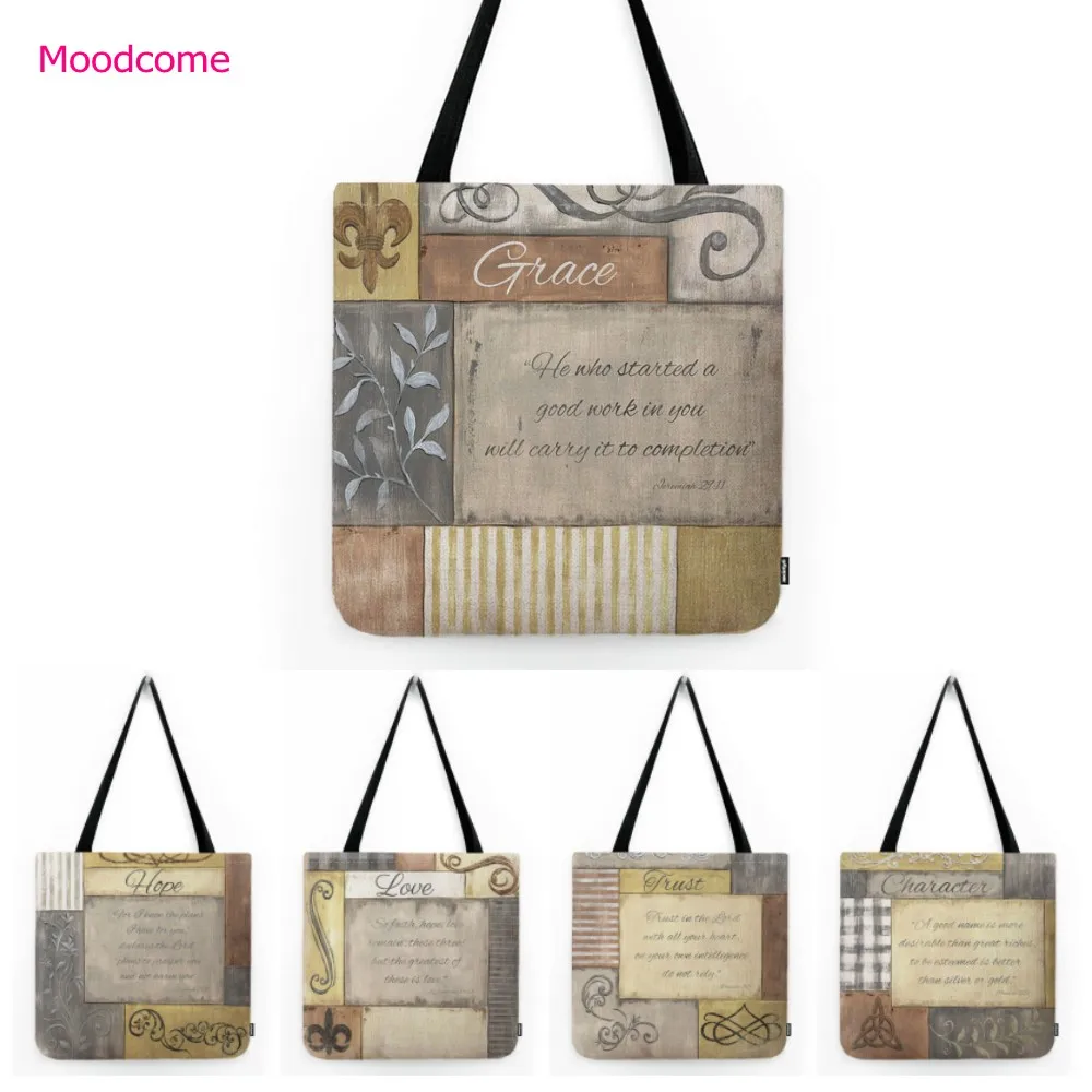 Literature Art Vintage Christian Doctrine Hope Trust Faith Love Letter Print Carrying Bag Handbag Folding  Canvas Linen Tote Bag