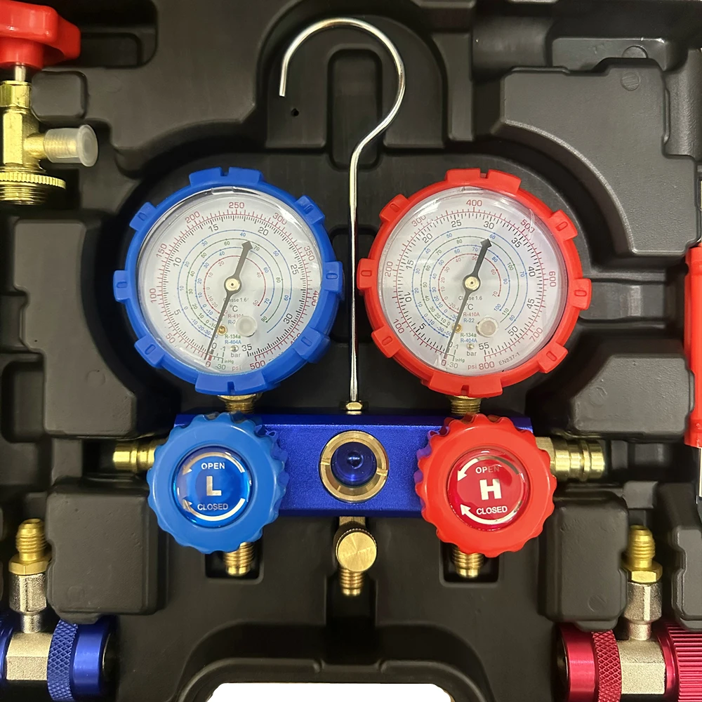 Medidor de presión de refrigerante para aire acondicionado de coche, herramienta de llenado de flúor, reparación, R12, R22, R134a, R404a, 410a