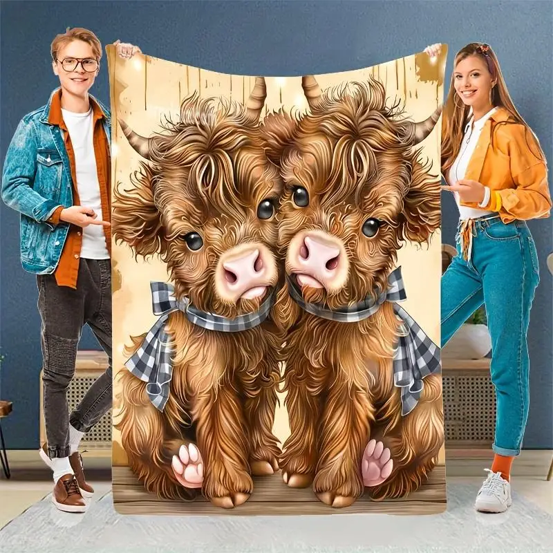 

Фланелевое одеяло Highland Cow, тяжелый принт шотландской коровы с галстуком-бабочкой в клетку тартан, мягкий теплый всесезонный плед для