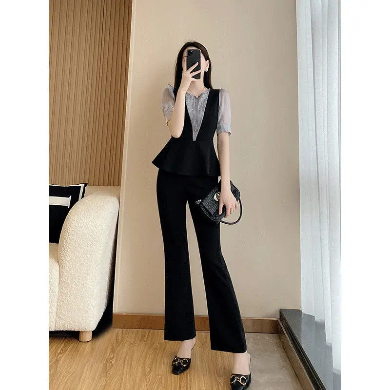 Summer New French Elegant Women\'s Pants Set Fashion with Hollow Chiffon Lining Slim Trousers Two Piece Set Female Tracksuit