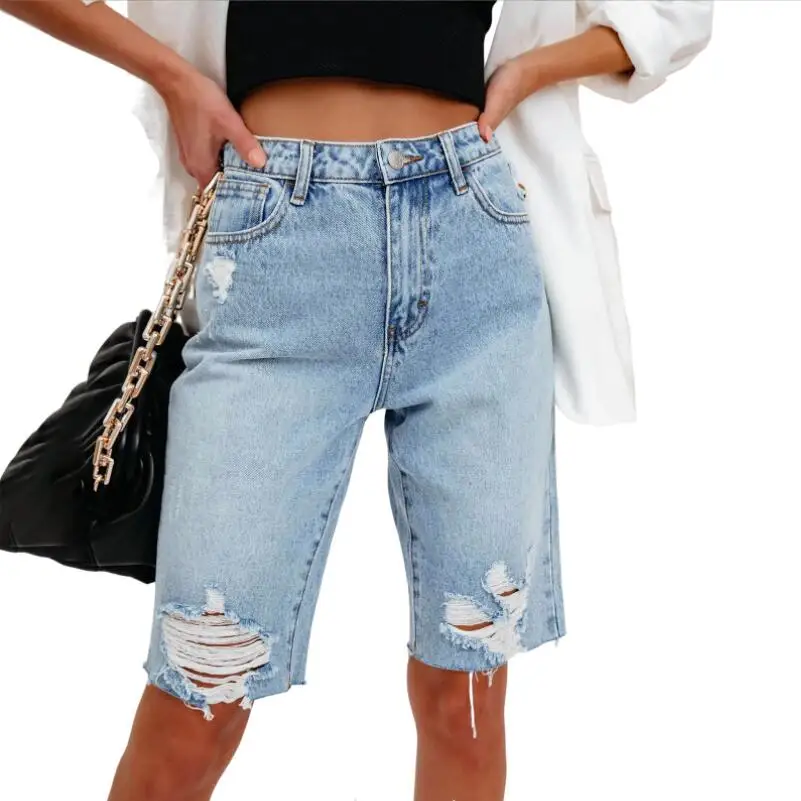 

2023 New Denim Shorts Woman Fashion Mid Waist Hole Five-Point Shorts Washed Summer Jeans Short Femme w651