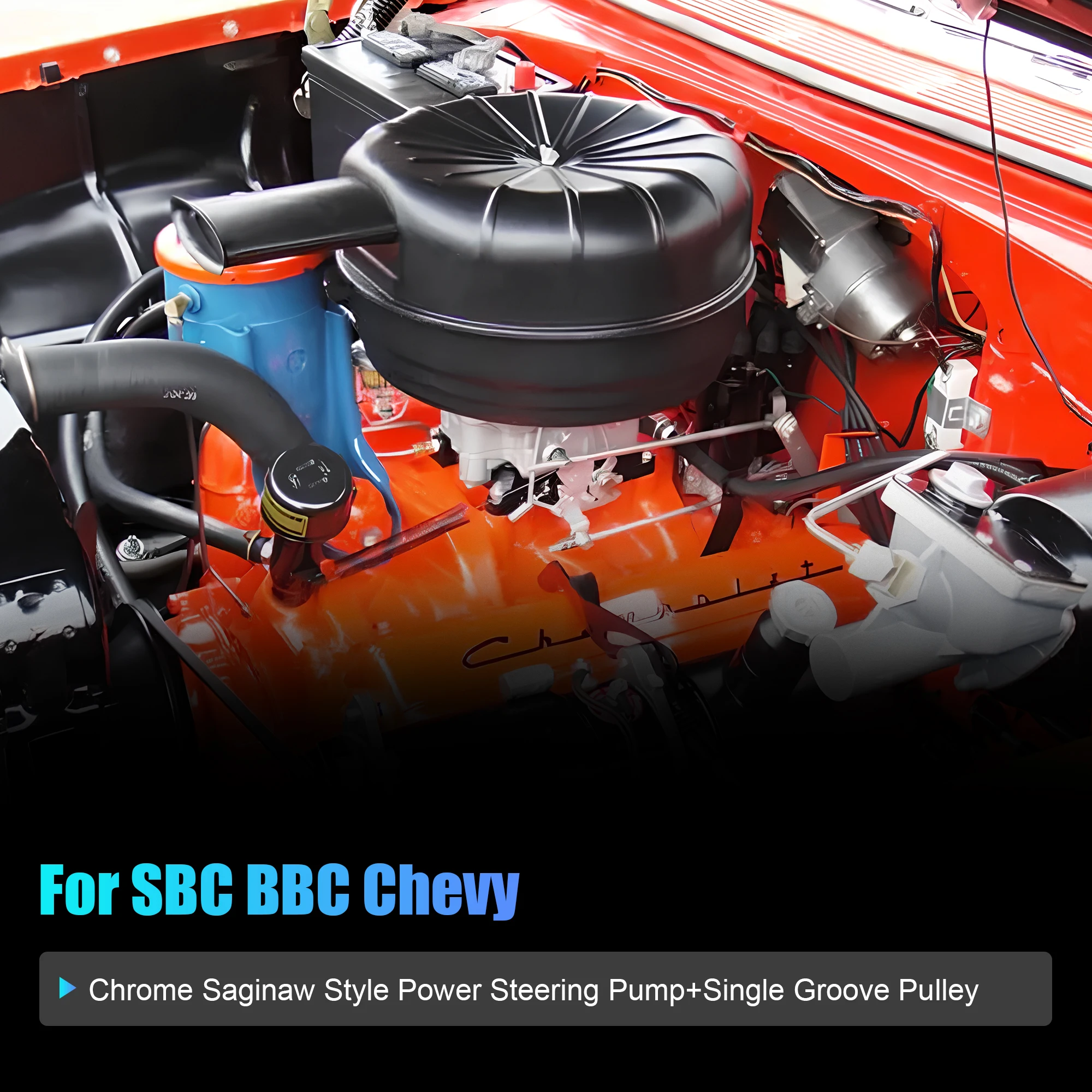 For SBC BBC Chevy Chrome Saginaw Style Power Steering Pump+Single Groove Pulley