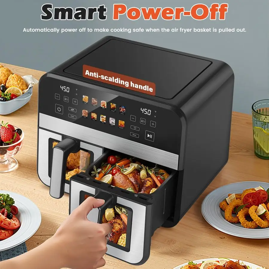 مقلاة هوائية مزدوجة السلة، فرن مقلاة هوائية رقمية 12 بوصة مع نوافذ مرئية، 5QT x 2 درج، لوحة OneTouch LED، لمسة نهائية مزامنة، Dehy #4