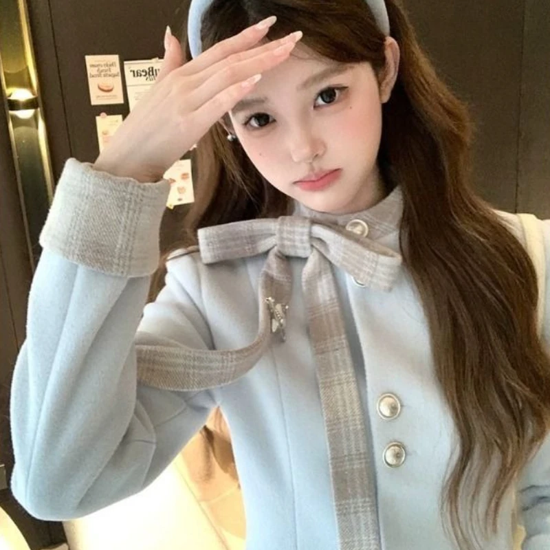 النمط الفرنسي خمر معطف فستان من الصوف الأنيق المرأة لطيف الحلو القوس كم طويل زر الأزرق جاكيتات الشتاء موضة ملابس خارجية ضئيلة #3