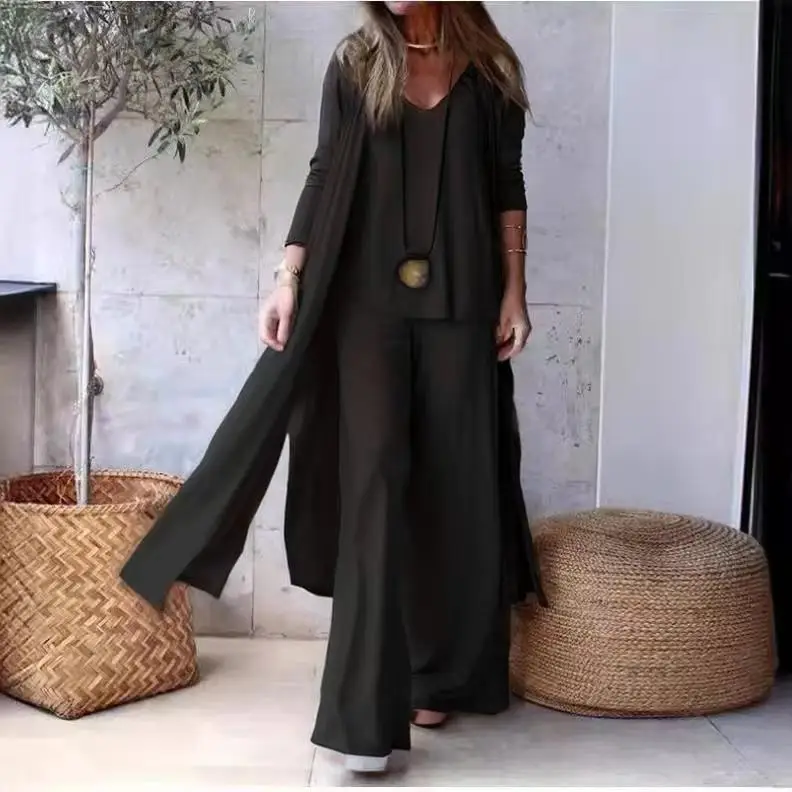 Set casual in tinta unita allentato Moda autunno Nuovo cardigan esteso con scollo a V Gilet con bretelle Pantaloni a gamba larga in vita elastica Set da 3 pezzi