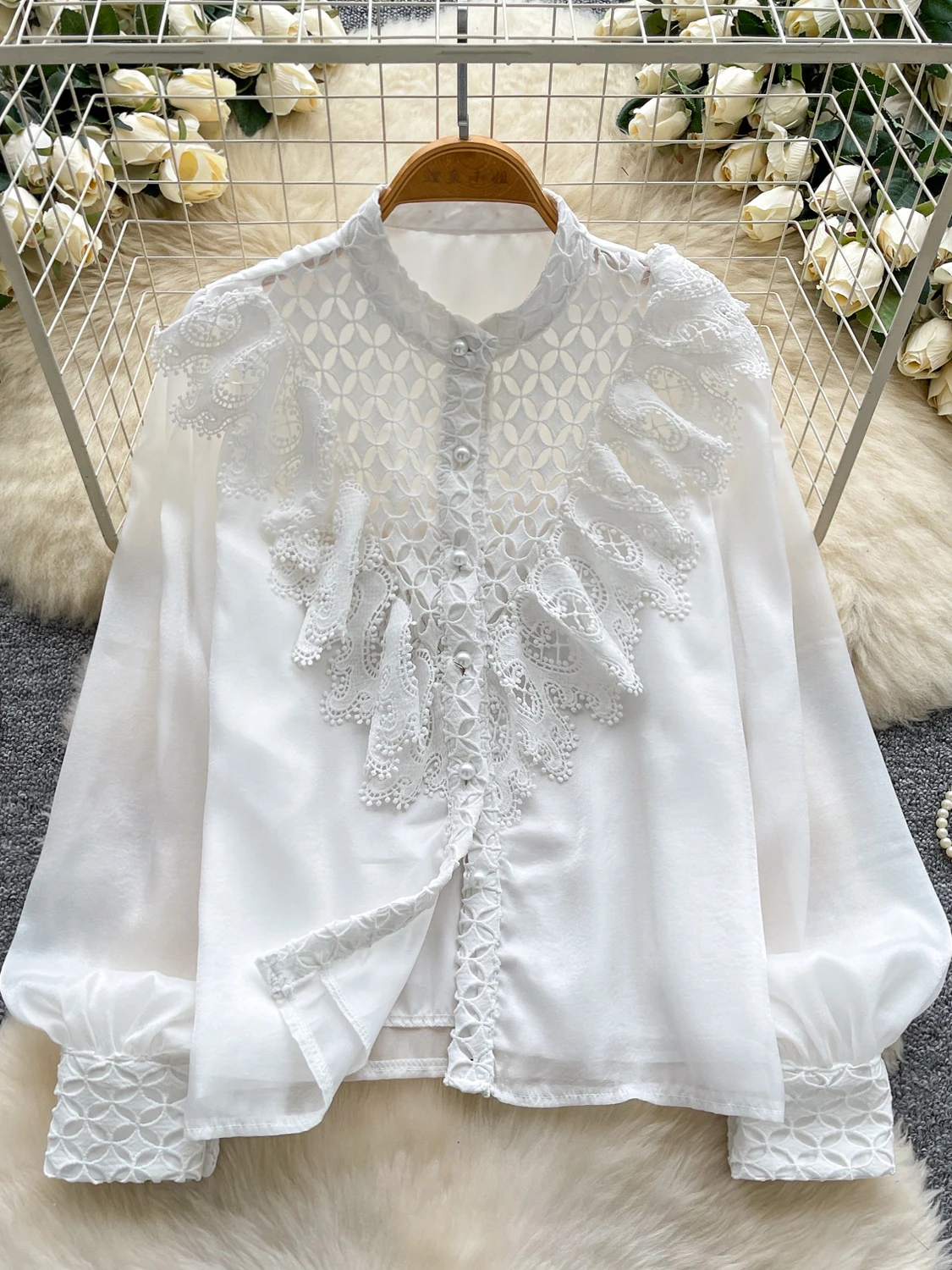 레트로 코트 슬레 레이스 트림 스플라이싱 랜턴 스타일 여성 패셔너블 다용도 베이스 탑 한국 루즈핏