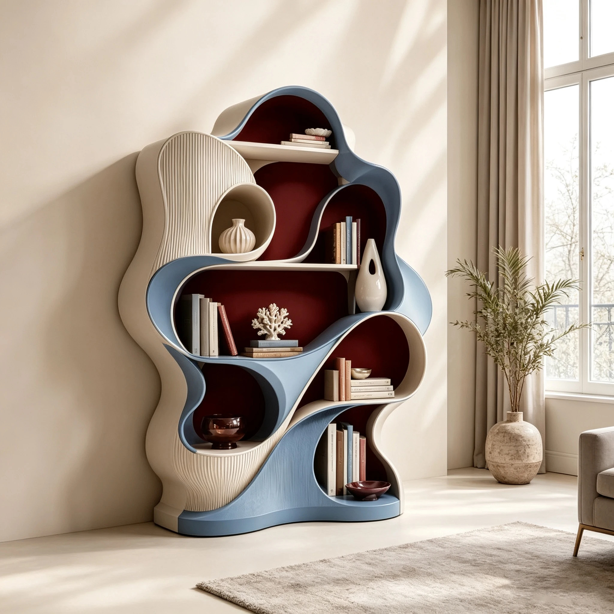 c*-Irregular Organic Curve Fiberglass Bookshelf Blue White Ribbed Surface Display Rack for Art Home Interior