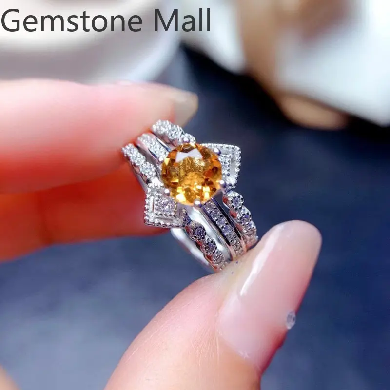 925 Silver Natural Yellow Crystal Ring New Design 6mm 0.8ct Natural Citrine Jewelry Silver Separable Ring Two Wearing Methods