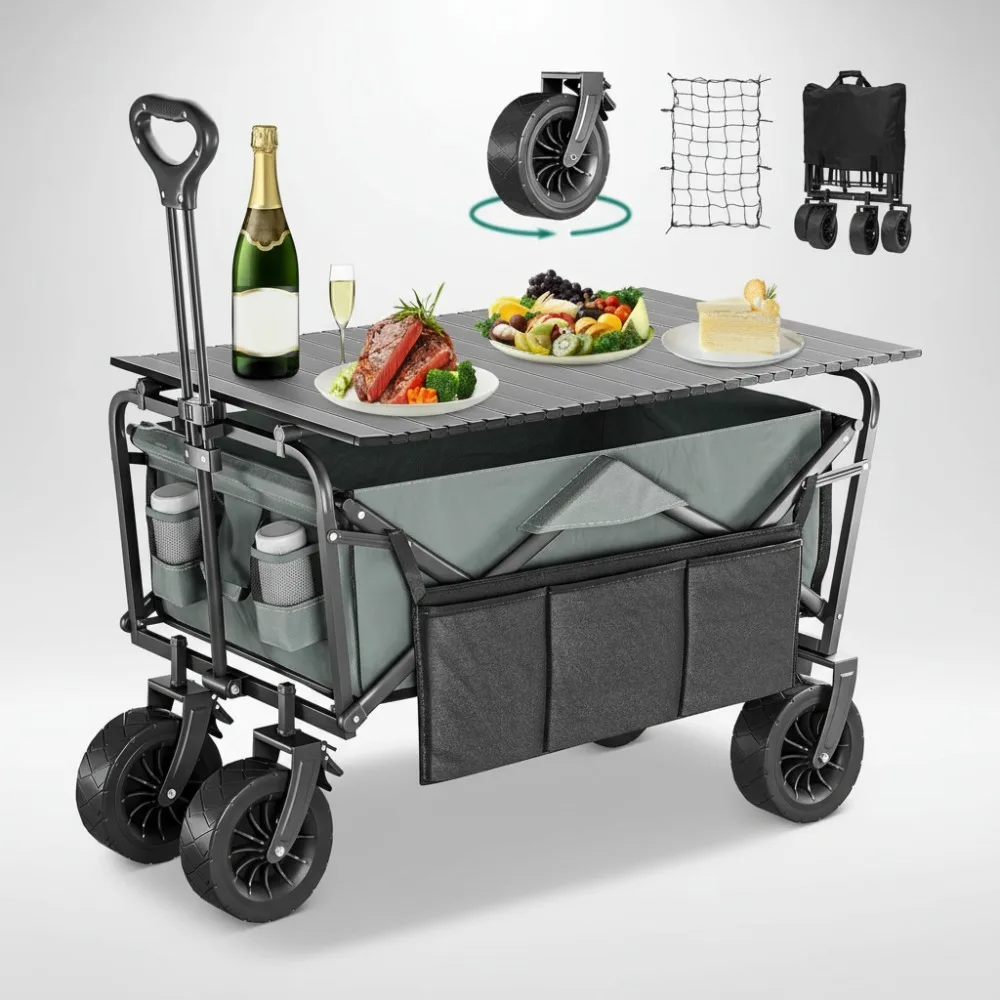 

Large Folding Wagon with Table Top, Heavy Duty Collapsible Cart for Outdoor Camping Beach Shopping Sports Garden