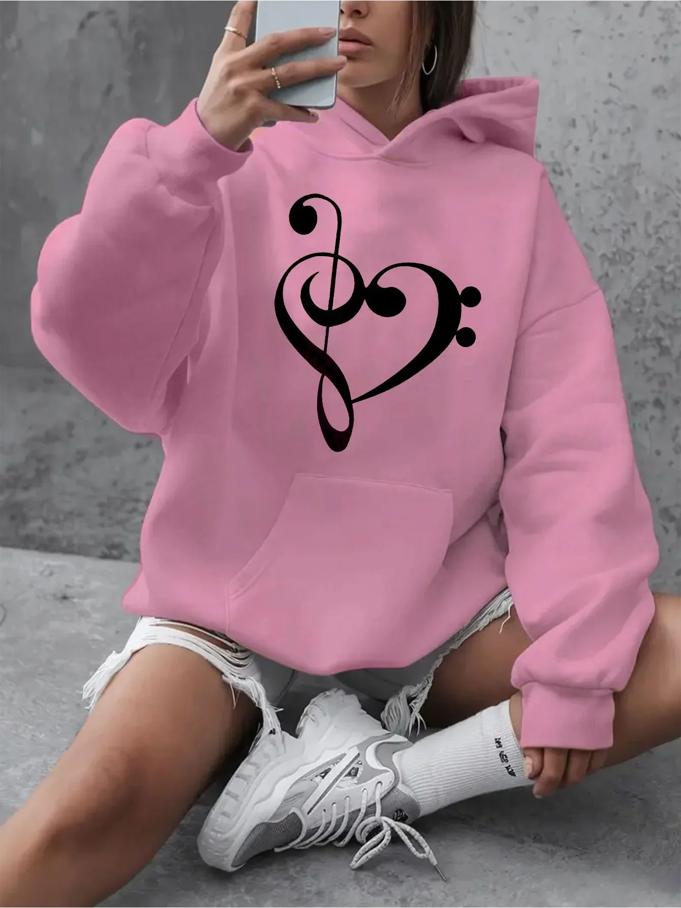 Autumn Winter Women Hoodie Musical Note Heart Printed Casual Pullover Soft Four Seasons Comfortable Pattern Minimalist Loose Top