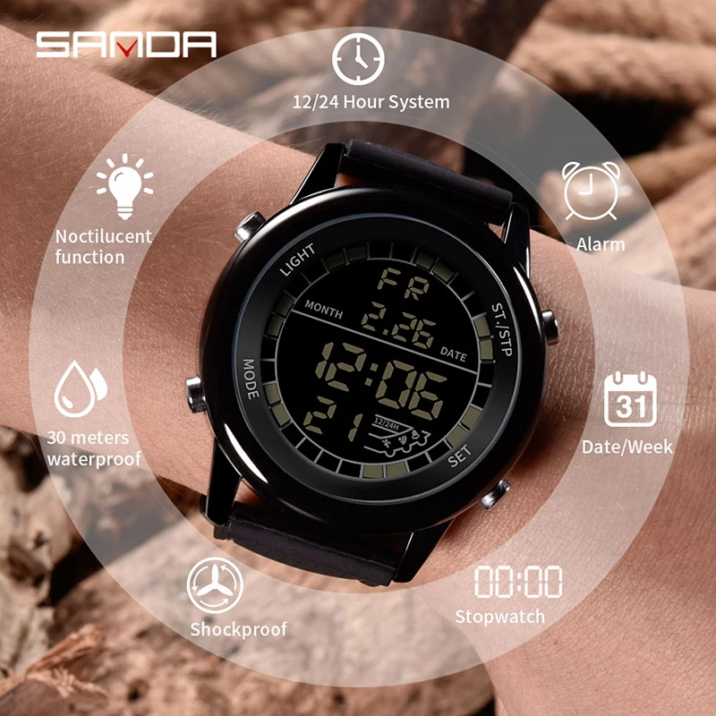 SANDA Sports Mens Watches 2023 New HD LED Digital Display Watch 24 Hours Automatic Calendar Watch Timer Alarm Clock Reloj 411