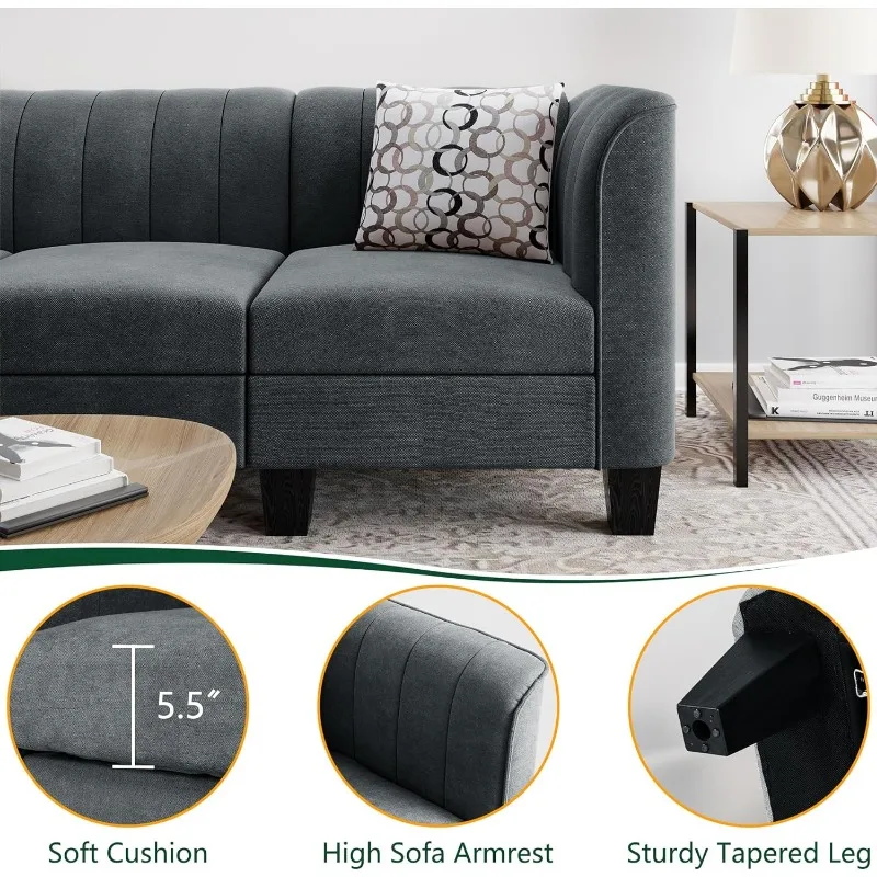 Sofa Sofa kursi dapat diupgrade, Sofa kecil 3 tempat duduk bentuk L dengan sandaran lengan tinggi bahan Linen, Sofa setengah abad