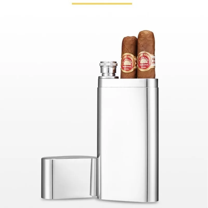 2 in 1 Stainless Steel Cigar Case and Hip Flask Combo Portable Cigar Holder Liquor Bottle Compact Metal Travel Accessory