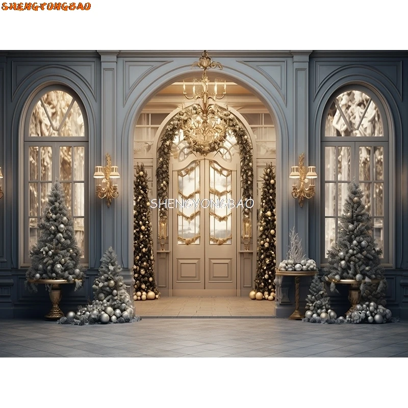 크리스마스 트리 선물 상자 사진 배경, 겨울 눈 장식, 나무 문짝 벽난로 방 배경 소품 WR-01