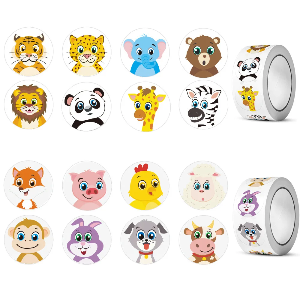 500PCS/Roll 2.5*2.5CM Kids Cartoon Animal Stickers Cute Reward Stickers Labels Kindergarten Teacher Encouragement