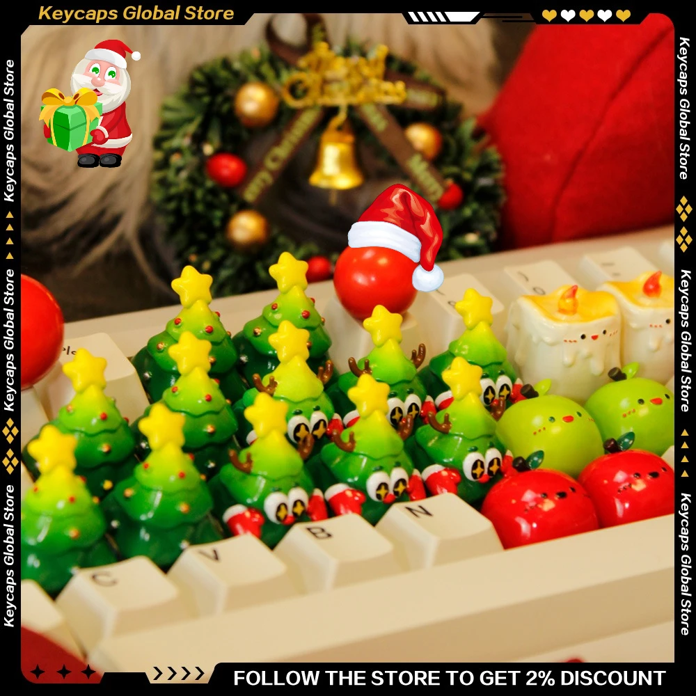 Creative Christmas Theme Keycap Resin Green Christmas Apple/Tree/Candle Personalized Artisan Keycap for Customized Keyboard Gift