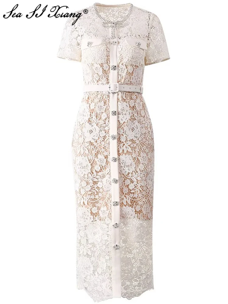 

Seasixiang Fashion Designer Summer Dress Women's O-Neck Short Sleeve Diamonds Hollow Out Water-Soluble Flowers Vintage Dresses