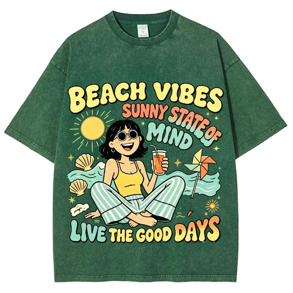 Beach Vibes Sunny State of Mind Graphic T Shirt Women Summer Vacation Casual Short Sleeve Oversized Tee Holiday  ﻿